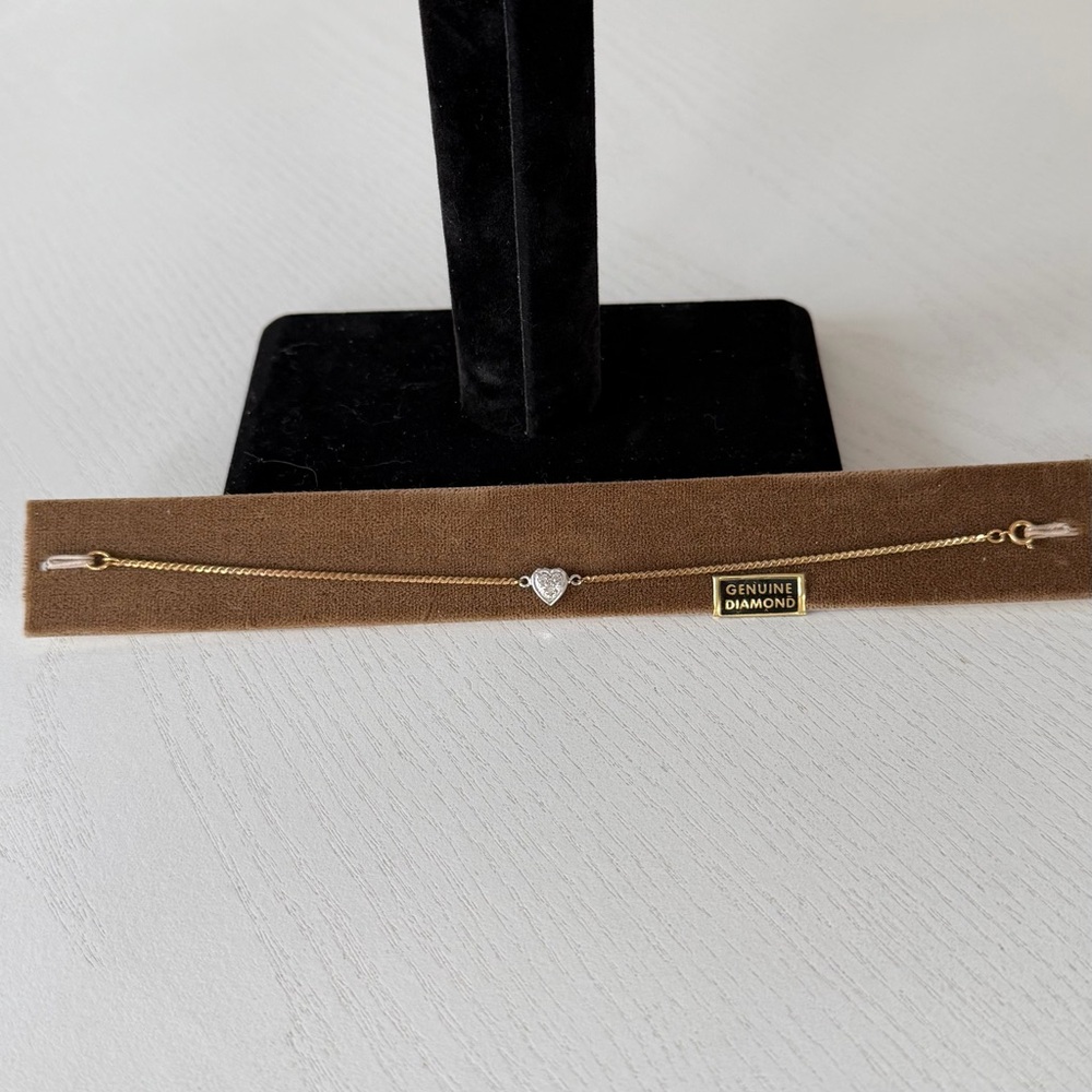 Vintage 14KT Gold Silver and Diamond Heart Bracelet, 6 1/2" - Picture 5 of 16